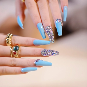 Sky Blue Full Rhinestones Press On Nails Long Coffin Fake Nails Glossy Artificial Fingernails For Women DIY Nail Art