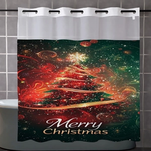 Christmas shower curtain with a glowing tree and Merry Christmas text in a bathroom setting