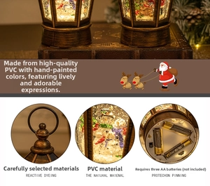Detail of bronze Christmas lantern showing snowman and reindeer scenes in warm light