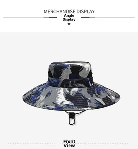 Close-up of camouflage bucket hat featuring wide brim, breathable mesh, and adjustable cord
