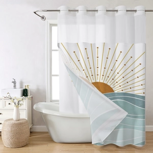 Close-up of white waffle shower curtain with sun rays and wavy patterns in modern bathroom