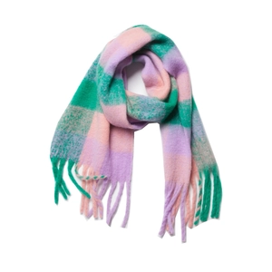Rainbow plaid thick brushed mohair-like scarf with long tassels in green pink purple