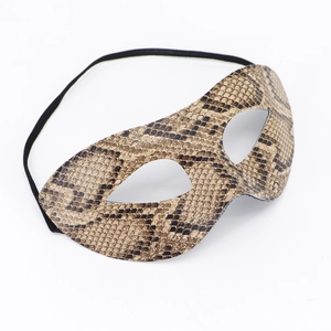 Detailed close-up of brown snake skin texture and elastic strap on the masquerade eye mask