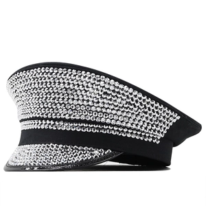 Rhinestone Military Captain Hat Flat Top Cotton Polyester Blend Vintage Stage Performance Fashion Headwear For Women