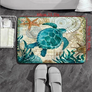Detail view of turtle ocean bath mat with 80cm x 50cm dimensions on bathroom floor