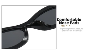 Detailed close-up of the comfortable integrated nose pads on black oval cat eye sunglasses