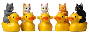 Set of five cat figurines riding yellow ducks for micro landscape gardening decor