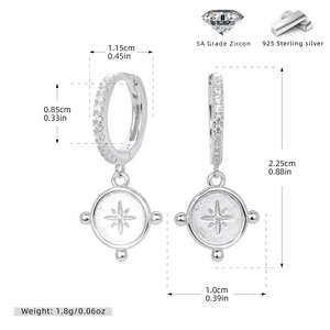Detail of S925 sterling silver compass star earrings with size measurements and 5A zircon