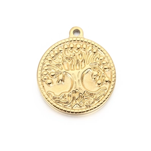 Golden titanium steel tree of life pendant with intricate relief details on white background