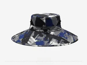 Detail of camouflage outdoor sun hat showing the back view and adjustable windproof rope