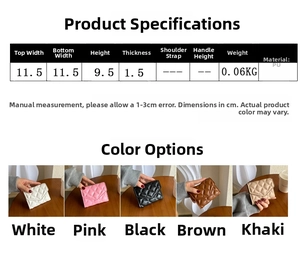 Size chart for quilted PU leather mini square wallet showing dimensions and five color options