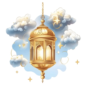 Golden crescent moon and star hanging lantern decoration with clouds and glowing stars