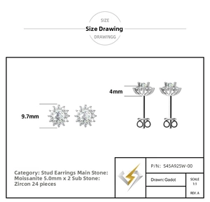 Technical drawing of 5mm moissanite sunflower stud earrings in S925 silver with dimensions