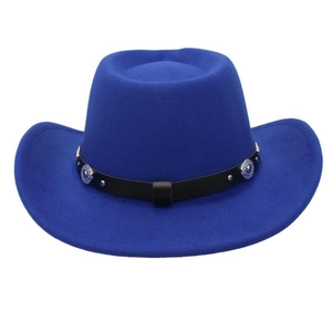 Detail of blue felt cowboy hat featuring a black leather band with metallic studs