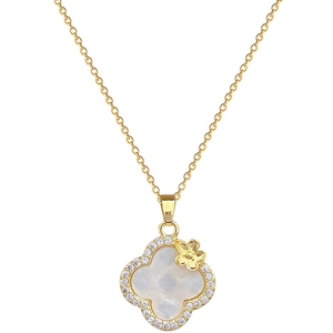 Titanium steel four-leaf clover necklace with white shell, small gold flower and diamonds