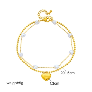 Double-layered gold bead chain with pearl and heart pendant for women beach jewelry