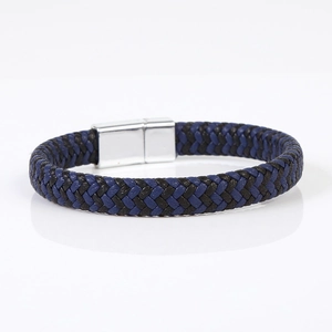 Braided leather couple bracelet with magnetic silver clasp in black and blue tones