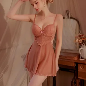 French vintage lace nightgown in dusty rose with mesh hem and elegant bow detail