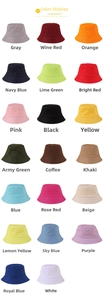 Flat lay matrix of cotton bucket hats showing twenty diverse color options for sun protection