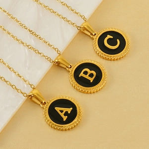 Capital Letter Necklace Pendant 18K Gold Plated Stainless Steel Black Enamel Round Medal Jewelry For Women Trendy