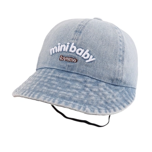 Washed light blue denim baby sun hat with mini baby embroidery and elastic chin strap