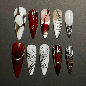 Long Stiletto Press On Nails 3D Metal Butterfly Wings Metallic Stripes Red Silver Abstract Art False Nails