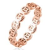 Detailed view of rose gold stainless steel ring with hollowed ancient coin pattern