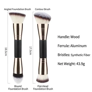 Dual-head makeup brush set with foundation and contour bristles on wooden handles