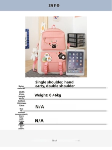Detail view of pink nylon school backpack with cute bear patches and plush keychain