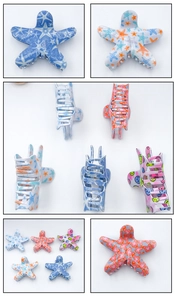 Detail showing various colorful starfish and smiley face patterns on glossy PVC hair clips