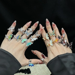 Adjustable silver and gold butterfly enamel open rings with colorful rhinestone details