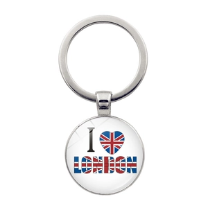 Close-up of a London souvenir keychain with Union Jack heart and I Love London charm
