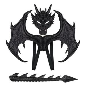 Black lightweight dragon costume set with wings, mask, and spiked tail for kids cosplay