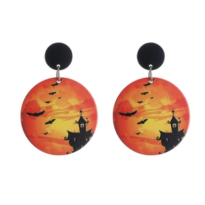 Halloween earrings featuring sunset, bat silhouettes and a haunted castle motif