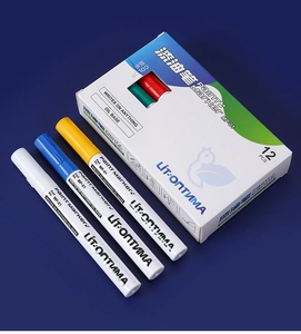 Macro view of oil-based paint markers with waterproof ink and durable plastic casing