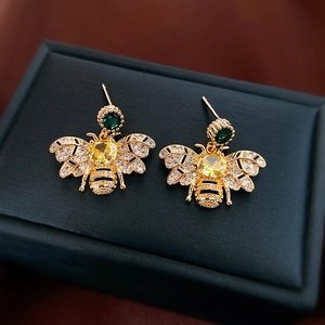 Bee Shaped Zircon Dangle Earrings Copper Jewelry With 925 Sterling Silver Earring Post Elegant Insect Style For Women