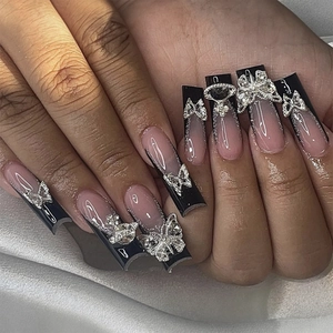 Extra Long Press On Nails French Tip Black Pink Gradient 3D Butterfly Rhinestone Trapezoid Coffin Shape Fake Nails