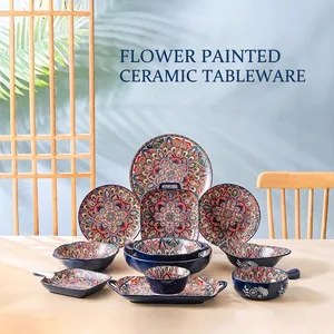 Bohemian mandala ceramic dinnerware set with colorful floral patterns on wooden table