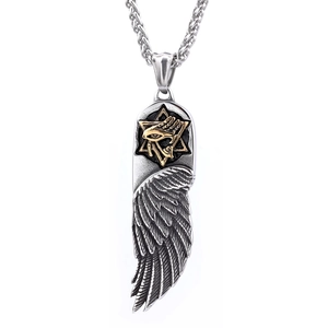 Vintage stainless steel angel wings necklace with hexagram and eye of providence