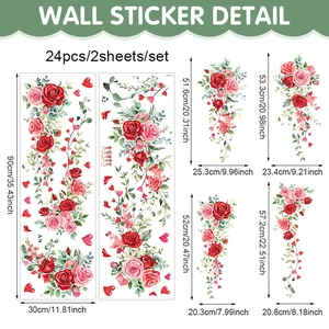 Detailed size chart for red rose wall sticker set with 2 sheets and 24 pieces
