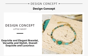 Detail view of turquoise beaded bracelet with golden cylinder spacers on stone background