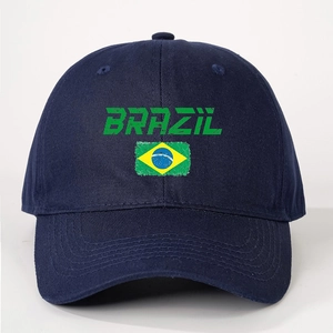Navy blue adjustable baseball cap with Brazil flag and text print on front