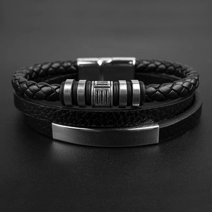 Men's multilayer black braided leather bracelet with silver magnetic metal clasp
