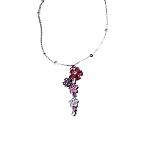 Silver flower tassel necklace with colorful zircon stones and delicate metal chain