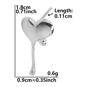 Detailed view of silver heart stud earring with melted design and dimension specs