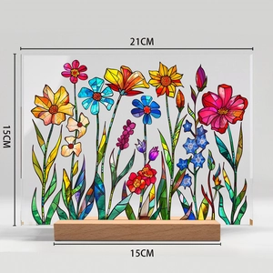 Detail view of 3D floral acrylic desktop plaque with wood base and 21x15cm size markers