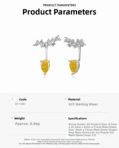 Macro shot of 925 silver earrings with pear-cut yellow zircon and branch design detail