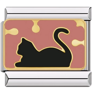Italian style modular charm with pink enamel, golden trim and a black cat silhouette