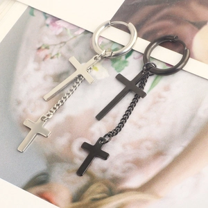 Punk style cross pendant earrings in silver and black stainless steel for men and women