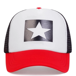 Three-color trucker hat with white foam front, black star print, red brim and mesh back